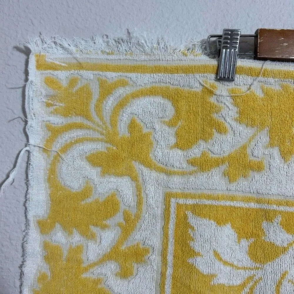 Vtg Sears Drylon Fringed Bath Towel Jacobean Print Golden Yellow Repurpose Craft